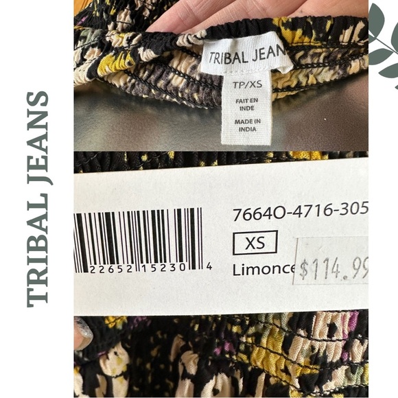 Tribal Jeans Floral Print Maxi Dress Back Elastic Smocking Black Yellow Size XS - Picture 14 of 14
